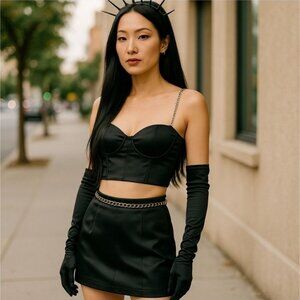 Midnight Black Satin Chain Strap Crop Top & Mini Skirt Set w/ Gloves M